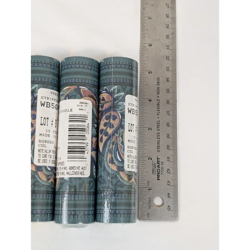 VTG 90s Green Paisley Wallpaper Border 4 Rolls Floral Vinyl Prepasted Scrubbable